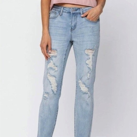 Judy Blue Distressed Blue Jeans Boyfriend Destroyed Light Wash 15 32 14 Ankle - Picture 7 of 16